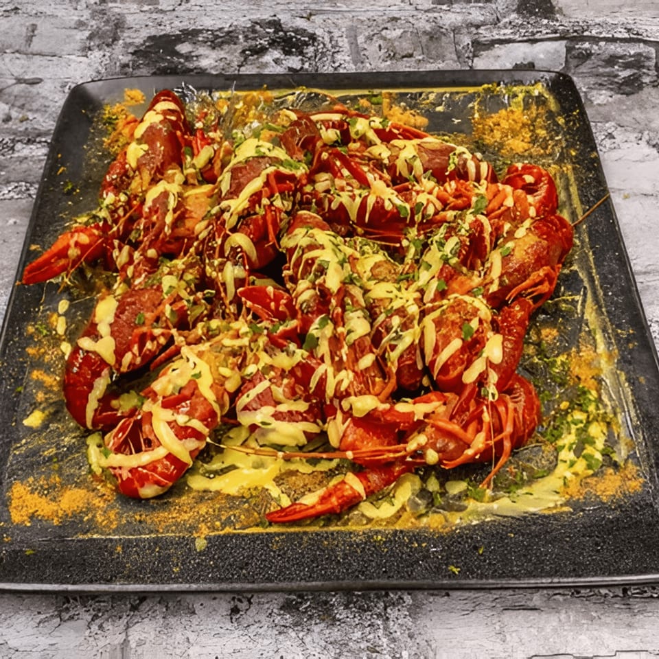 A platter of G'Ville Seafood N' Chicken's crawfish, drizzled with sauce and sprinkled with herbs.