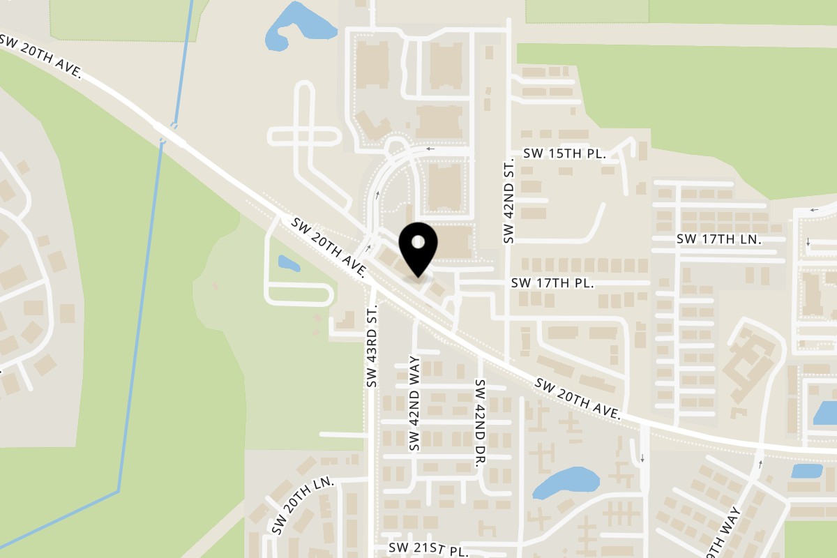 Map showing the location of G'Ville Seafood N' Chicken 20th Avenue on 4310 SW 20th Ave in Gainesville