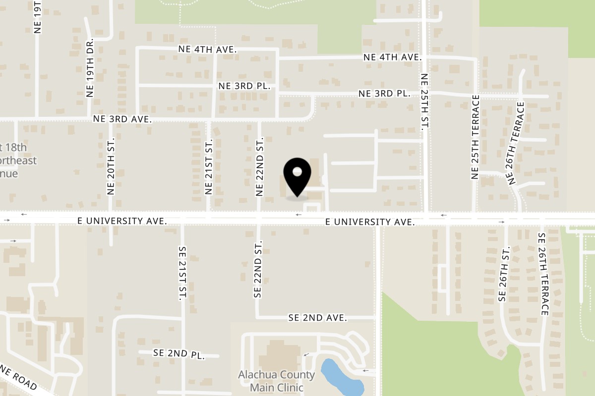 Map showing the location of G'Ville Seafood N' Chicken University Avenue on 2224 E University Ave in Gainesville