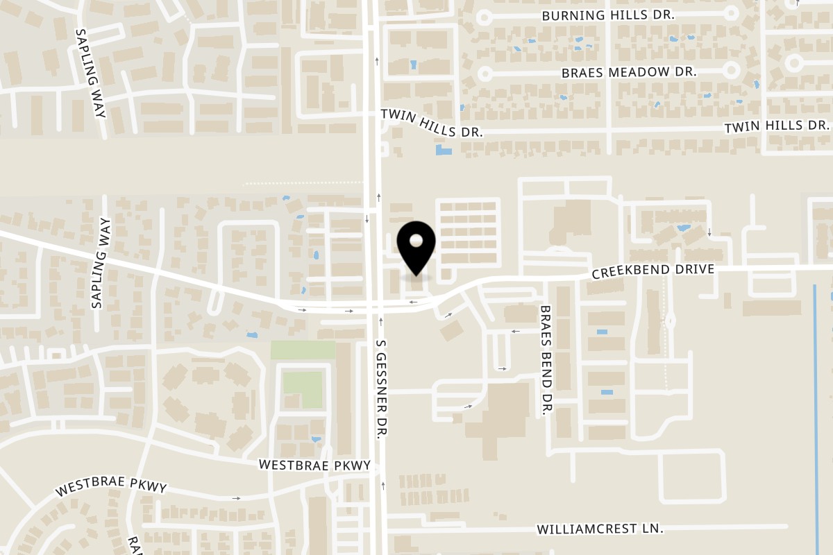 Map showing the location of G'Ville Seafood N' Chicken Houston on 10619 S Gessner Rd C in Houston